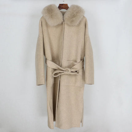 OFTBUY Omen Double Face Wool Coat Natural Fur Coat Wool Blend Jacket Winter Warm Elegant Long Sleeve Fur Cuffs Fashion Outerwear