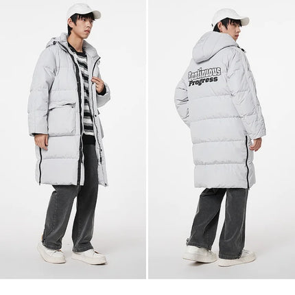 Metersbonwe Men's Long Hooded Down Jacket  Male Stand Collar Jacket with Hem Side Zipper Letter Printing Duck Down Padded Brand