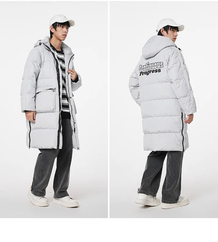 Metersbonwe Men's Long Hooded Down Jacket  Male Stand Collar Jacket with Hem Side Zipper Letter Printing Duck Down Padded Brand