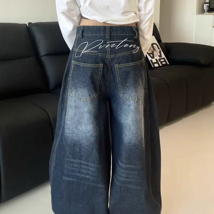Jeans Casual da Donna Y2K Larghi e Comodi Blu Lavato Stile Vintage Cargo Pantaloni a Gamba Larga Oversize Y2K