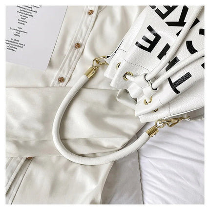 Spring New Fashion Letter PU Leather Bucket Bag Women Simple City Style Shoulder Handbag Trendy Crossbody Satchel Handbag PlatiNum