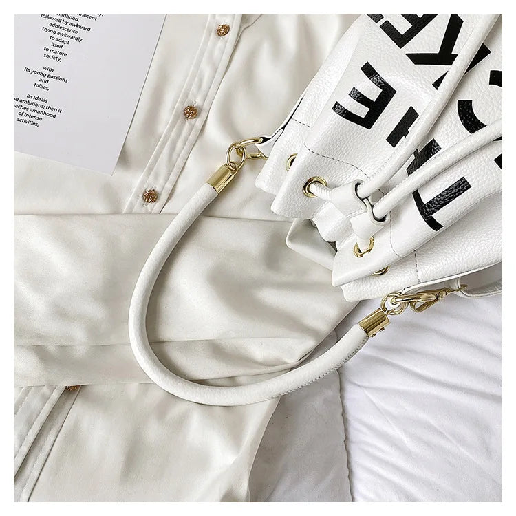 Spring New Fashion Letter PU Leather Bucket Bag Women Simple City Style Shoulder Handbag Trendy Crossbody Satchel Handbag PlatiNum