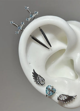 New Fashion Love Wings Cross Acciaio inossidabile Osso dell'orecchio Chiodo Zircone lucido Orecchino con filo alla moda per le donne Accessorio per piercing al corpo platinumshop