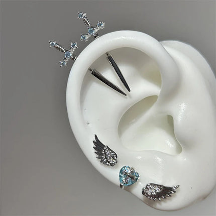 New Fashion Love Wings Cross Acciaio inossidabile Osso dell'orecchio Chiodo Zircone lucido Orecchino con filo alla moda per le donne Accessorio per piercing al corpo platinumshop