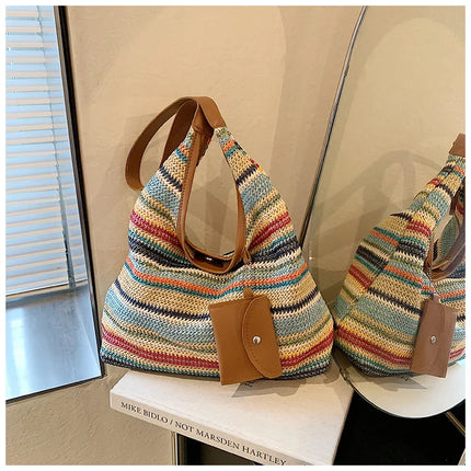 Hand-Woven Large Capacity Tote Bag for Women, Fashionable Commuter Bag, INS Style, Beach Bag for Daily Travel