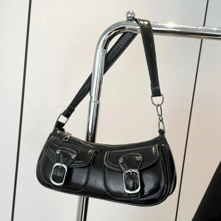 Fashion Pu Leather Women's Shoulder Bag Small Double Pocket Design Ladies Underarm Bags Y2k Vintage Female Handbags Clutch Purse PlatiNum