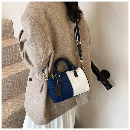 Patchwork Colorblock Mini Handbags For Women Denim Shoulder Cross Body Bags Casual Street Small Boston Bag 2025 Designer Purses PlatiNum