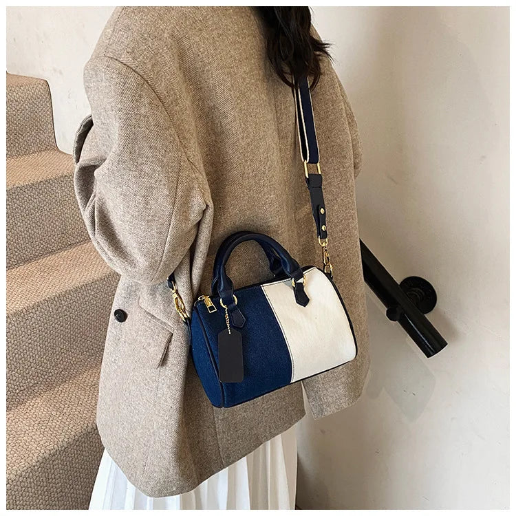 Patchwork Colorblock Mini Handbags For Women Denim Shoulder Cross Body Bags Casual Street Small Boston Bag 2025 Designer Purses PlatiNum