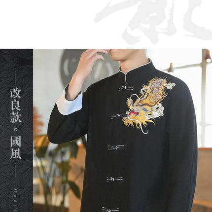 Camicie da Uomo a Maniche Lunghe in Stile Cinese, Ricamate, per Kung Fu e Tai Chi, Cardigan Retrò in Lino, Abito Tradizionale Tang, Top Tradizionale da Uomo