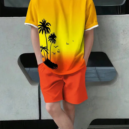 Men's Short Sleeve Gradient Print Shorts Set Fashion Hawaiian Men's Set Casual Summer Men's T-shirt Outdoor Beach Men's Shorts
