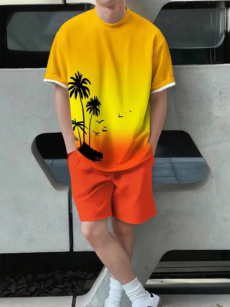 Pantaloncini a maniche corte da uomo con stampa sfumata Set Set di moda da uomo hawaiano T-shirt casual da uomo estiva Pantaloncini da uomo da spiaggia all'aperto
