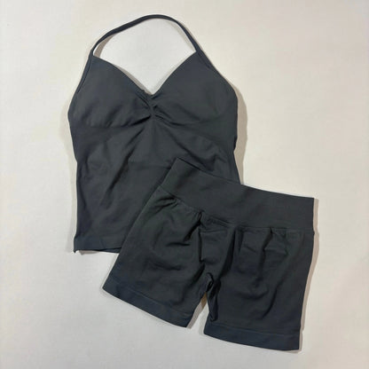 Yoga 2pcs Impact Gym Set Women Backless Tank Tops High Waist Scrunch Seamless Shorts Fitness Clothes Activewear Workout Sets