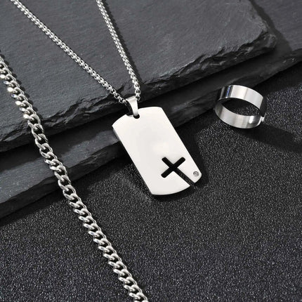 Set di 3 Pezzi: Collana Dogtag per Uomini e Ragazzi, Bracciale con Catena Cubana in Acciaio Inossidabile, Set di Anelli Impermeabili Regalo platinumshop