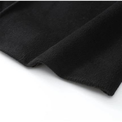 Retro Black Fur Patchwork Woolen Coat Women Chic Full Sleeve V-neck Lace Up Loose Long Overcoat 2025 Lady Winter Commute Outwear