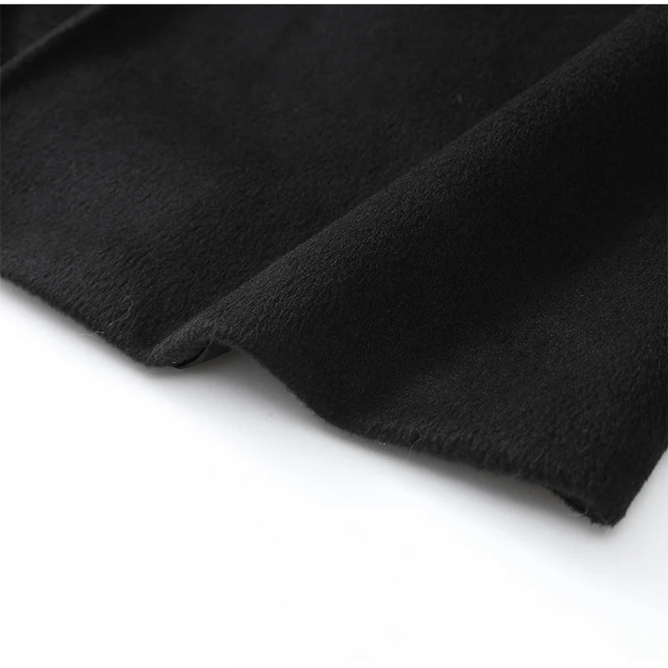 Retro Black Fur Patchwork Woolen Coat Women Chic Full Sleeve V-neck Lace Up Loose Long Overcoat 2025 Lady Winter Commute Outwear