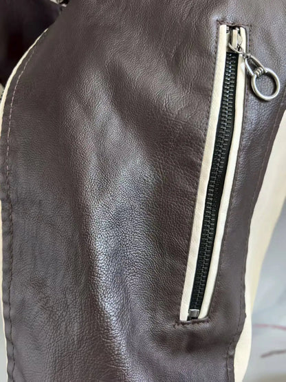 Kawasaki waterproof leather motorcycle jacket, pilot style warm coat, fashionable retro style, stand-up collar equestrian style