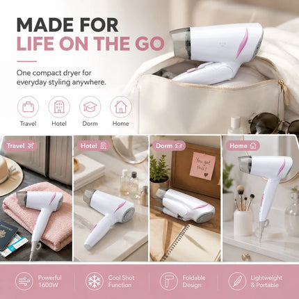 1600W Dual Voltage Hair Dryer Foldable Design 100-240V Portable Travel Hairdryer Hot Cold Air Styling Tool Hotel Use