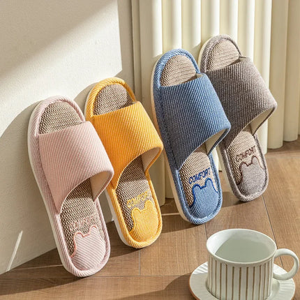 Pantofole in lino per la casa per coppie quattro stagioni Pantofole antiscivolo da pavimento per donna Uomo Camera da letto interna Infradito a punta aperta in lino quattro stagioni