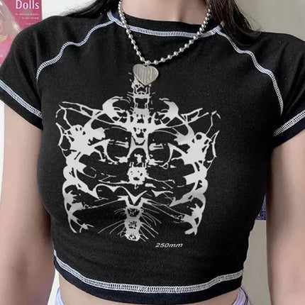 Y2K Black Sweet Girl Slim Skull Print Funny Graphic Vintage Clothes Crop Top E-girl