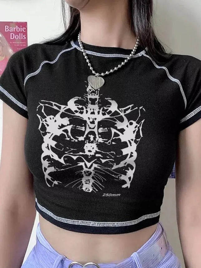 Y2K Black Sweet Girl Slim Skull Print Funny Graphic Vintage Clothes Crop Top E-girl