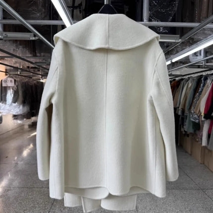 Scarf Collar 100%Wool Coat Women, Korean Fashion Elegant Outerwear, Loose Autumn Winter Jacket