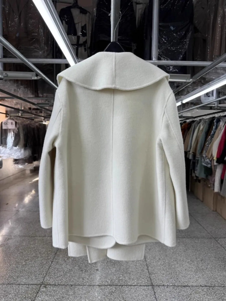 Scarf Collar 100%Wool Coat Women, Korean Fashion Elegant Outerwear, Loose Autumn Winter Jacket