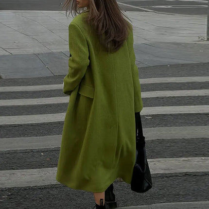 Elegant Women's Woolen Overcoat Solid Lapel Double Breasted Full Sleeve Long Coat 2026 Autumn Winter Fashion Lady Outwear