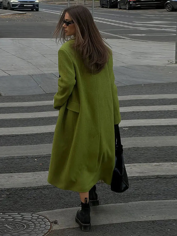 Elegant Women's Woolen Overcoat Solid Lapel Double Breasted Full Sleeve Long Coat 2026 Autumn Winter Fashion Lady Outwear