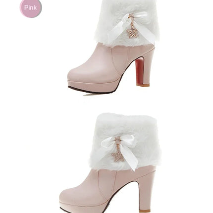 Snow Boots Womens Winter Warm Plush Fashion High Heels Pink White Black Fur Bowt Dress Party Wedding Platform Boots 526-1