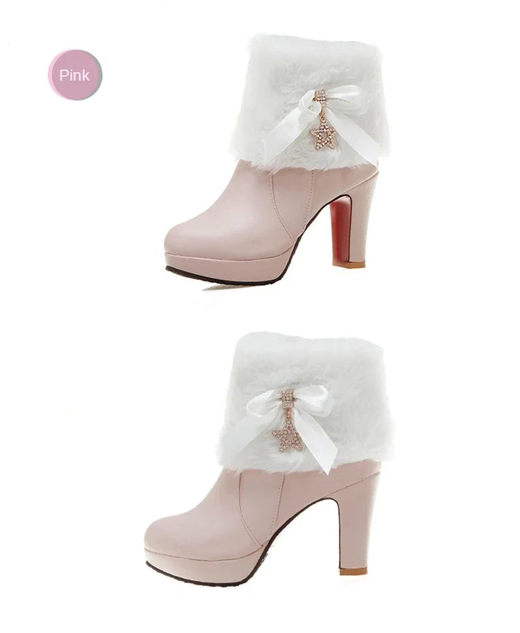 Snow Boots Womens Winter Warm Plush Fashion High Heels Pink White Black Fur Bowt Dress Party Wedding Platform Boots 526-1