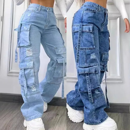 Jeans multitasche a vita alta da donna 2025 Nuovi pantaloni cargo versatili di grandi dimensioni in tinta unita alla moda
