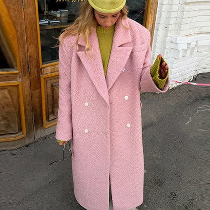 Elegant Women's Woolen Overcoat Solid Lapel Double Breasted Full Sleeve Long Coat 2026 Autumn Winter Fashion Lady Outwear