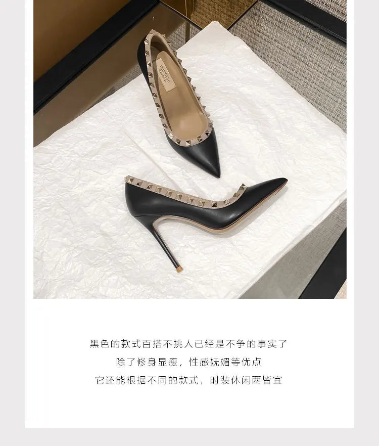 Women's High Heels Black Genuine Leather Rivet Pointed toe pumps luxury designer high quality Shoes Elegant woman heeled shoes