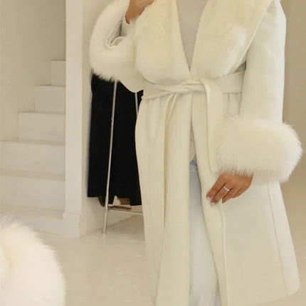 White Fur Patchwork Lace-up Overcoats Women's Street V-neck Full Sleeve Long Woolen Coat 2025 Winter New Ladies Thick Outwear