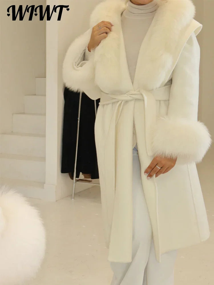 White Fur Patchwork Lace-up Overcoats Women's Street V-neck Full Sleeve Long Woolen Coat 2025 Winter New Ladies Thick Outwear