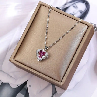 Collana con ciondolo a forma di cuore in cristallo colorato di lusso superiore per le donne Gioielli alla moda in acciaio inossidabile 316L Catena da collo da sposa femminile