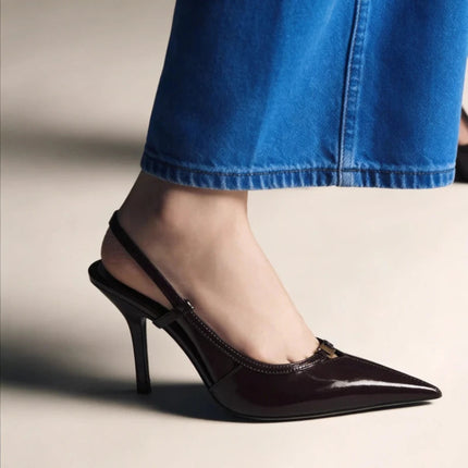 2026 Fashion Metal Decoration Stiletto Pumps Women Luxury Patent Leather Pointed Toe High Heels Sexy Slingback Designer Shoes PlatiNum