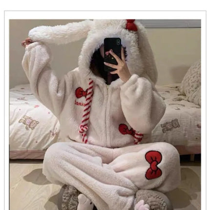 New Sweet and Cute Bow Rabbit One-piece Pajamas Women's Winter New Fleece Thickened Coral Fleece Large Size Loungewear Sleepwear