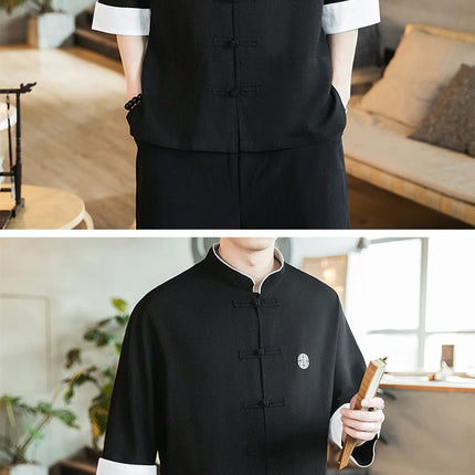 Camicia stile cinese da uomo Tang Suit Lino Kung Fu Cardigan maschile allentato Top Ricamo retrò Camicie kimono samurai giapponesi Streetwear