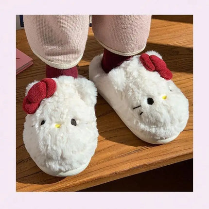 San-Rio Cute Girls Plush Slippers Cartoon Hello Kitty Winter Women Warm Cotton Shoes Female Kawaii Home Thick Sole Shoes Outdoor