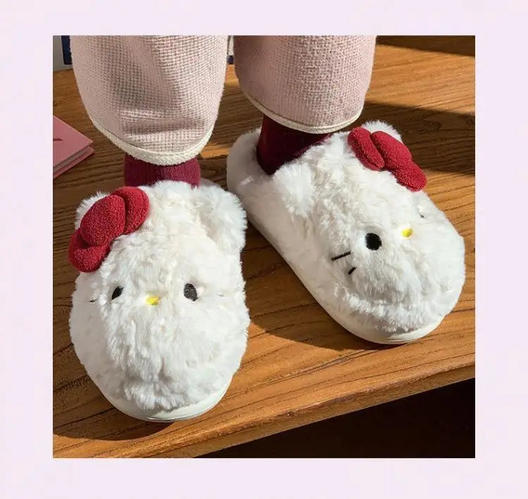 San-Rio Cute Girls Plush Slippers Cartoon Hello Kitty Winter Women Warm Cotton Shoes Female Kawaii Home Thick Sole Shoes Outdoor