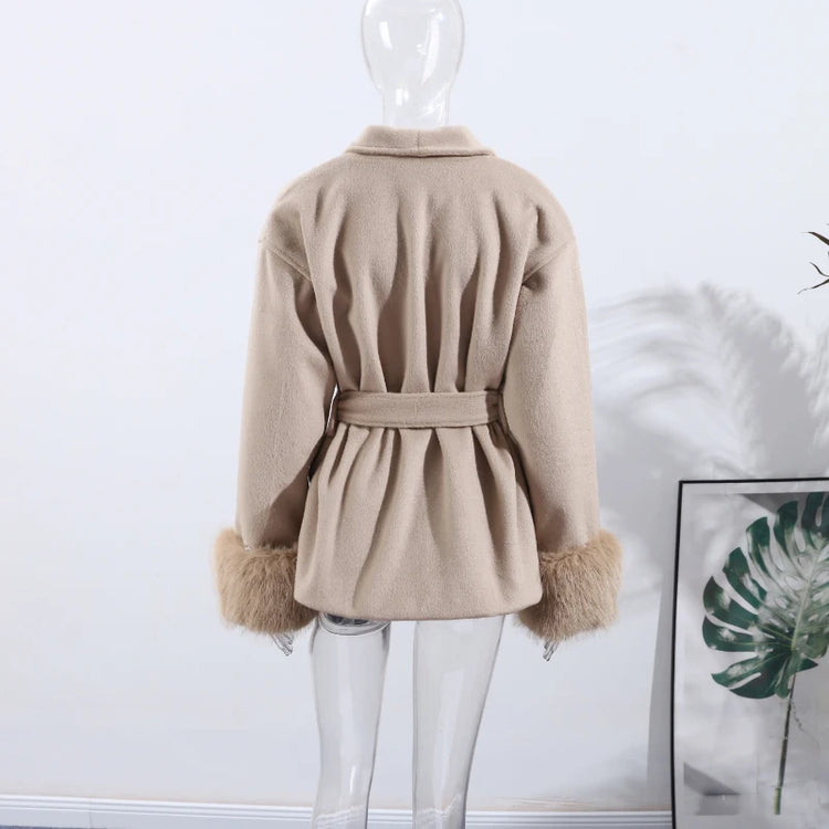 Retro Black Fur Patchwork Woolen Coat Women Chic Full Sleeve V-neck Lace Up Loose Long Overcoat 2025 Lady Winter Commute Outwear