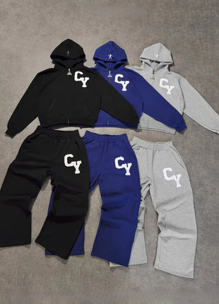 Streetwear Men's Fashion C Y Letter Zipper Set Multiple Colors Available Street Style Relaxed Unique Look Casual Two-Piece Set PlatiNum