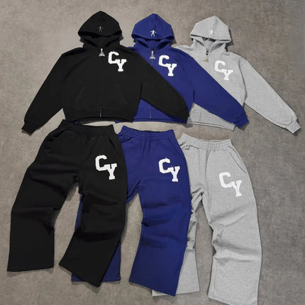 Streetwear Men's Fashion C Y Letter Zipper Set Multiple Colors Available Street Style Relaxed Unique Look Casual Two-Piece Set PlatiNum