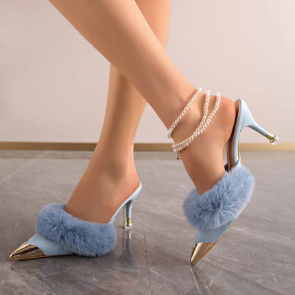 Summer Women Super High Heel Sandals Furry Faux Fur Slip-on Gold Shoes Woman Sexy Pointy Toe Sandals Big Size Zapatos De Mujer PlatiNum