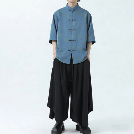 Camicie Estive da Uomo in Stile Cinese Tradizionale, Camicia Casual Kung Fu Tai Chi, Camicia di Lusso Jacquard Traspirante a Maniche Corte