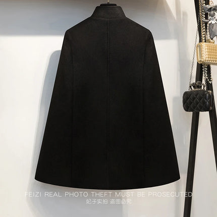 French Elegant Retro Hepburn Style Stand Collar Double-breasted Loose Temperament Commuter Woolen Jacket Cape Cloak Women Autumn