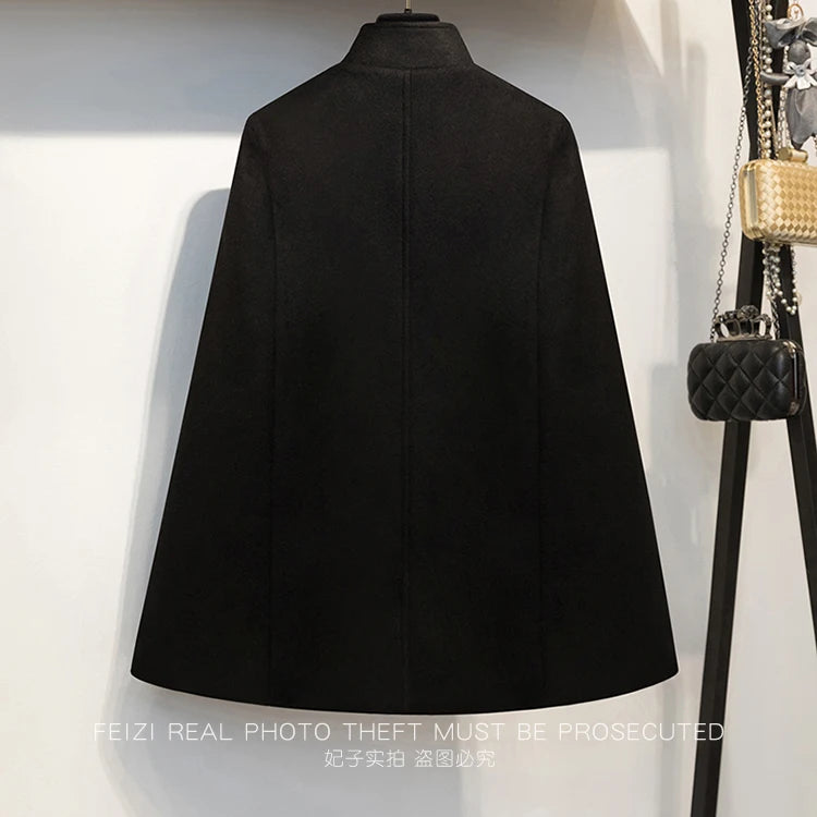 French Elegant Retro Hepburn Style Stand Collar Double-breasted Loose Temperament Commuter Woolen Jacket Cape Cloak Women Autumn