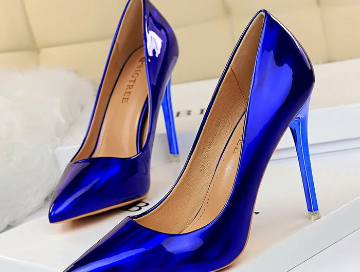 Tacchi alti da donna Blu Verde Décolleté di San Valentino Lusso lucido Stiletto Matrimonio Nuziale Discoteca Moda Semplice Colore solido 1829-2