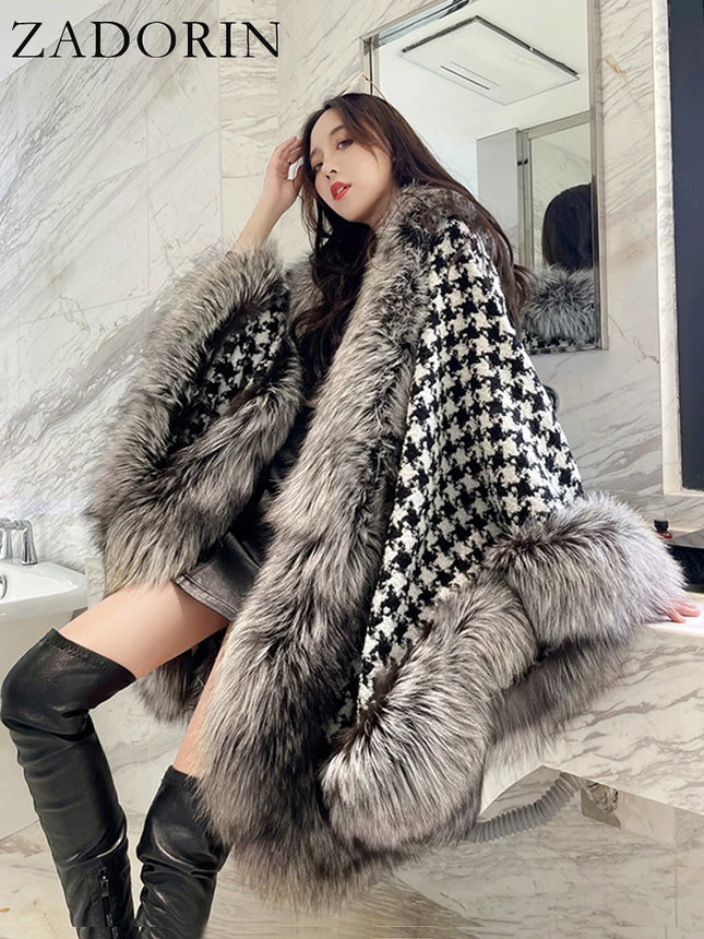 ZADORIN Autumn Winter Luxury Faux Fur Coat Women Elegant Houndstooth Tweed Warm Big Poncho Fur Shawl Cape Women Party Outerwear